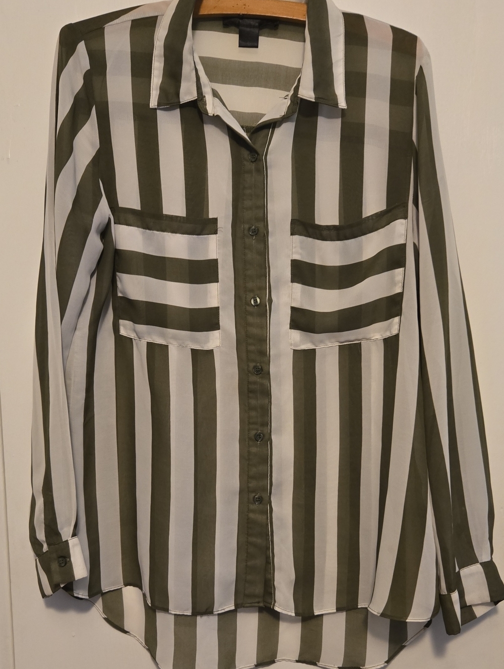 Lime Blue Olive Green White Striped Sheer Button Down Blouse Shirt L